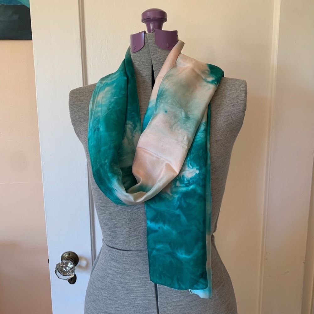 Happiness Pure Silk Scarf Teal Pink Tie Dye Hand Sewn Abstract Watercolor 57x14